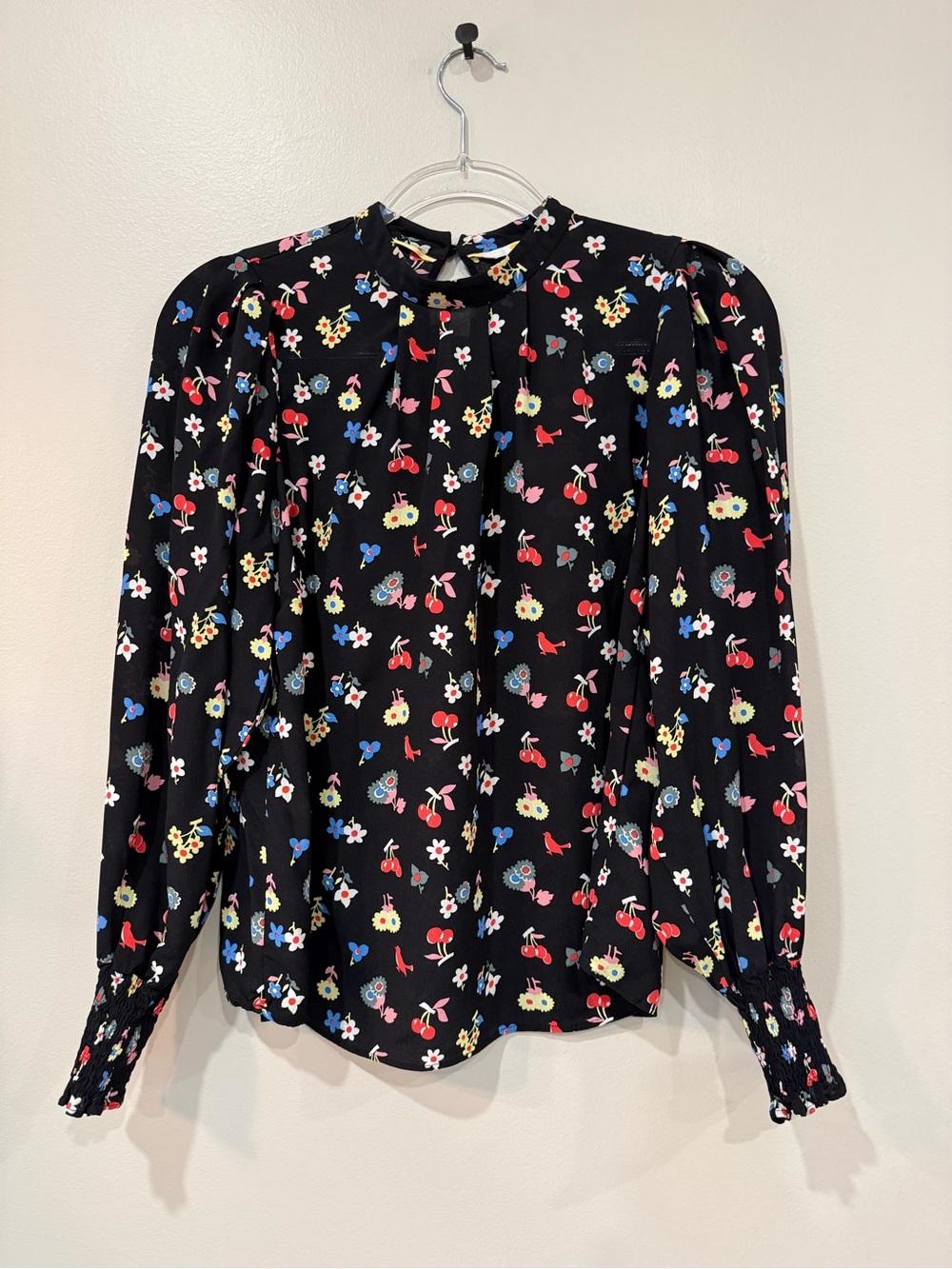 Boden Floral and Bird Print Mock Neck Blouse Twee